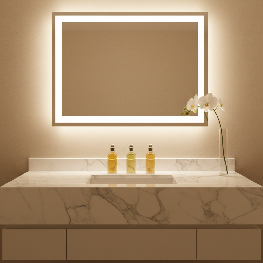 A minimalist, spa-like hotel bathroom vanity made from polished white marble with subtle grey veining, elegantly topped with glass decanters of aromatic oils and a single delicate white orchid in a slim vase. The setting features a large backlit mirror that casts a soft, diffuse glow over the counter, highlighting the refined surfaces and muted palette. Clean lines and uncluttered arrangement create a calming, elevated atmosphere. Captured from an eye-level angle with a centered composition, every element appears intentional and balanced. The mood is tranquil and pristine, aligning with an upscale, sophisticated travel experience.