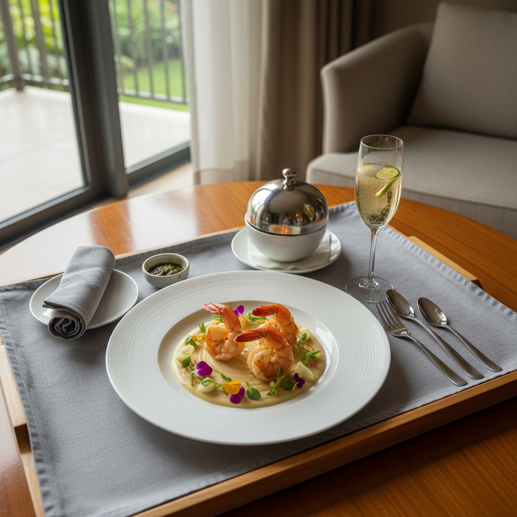 A delicately arranged tray of fine dining in-room service, featuring a porcelain plate with artfully plated local Sarawakian fusion cuisine—think glistening river prawns on a swirl of creamy lemongrass sauce, with micro-herbs and edible flowers. The tray rests atop a soft grey linen cloth on a polished teak table, with subtle reflections adding depth. Diffused afternoon light from a floor-to-ceiling window bathes the setting, creating a gentle gradient across the meal and tableware. The mood is refined and culinary-focused, with restrained luxury. Photographed from an overhead perspective, the composition emphasizes the harmony between color, texture, and negative space, matching a sophisticated luxury travel aesthetic.