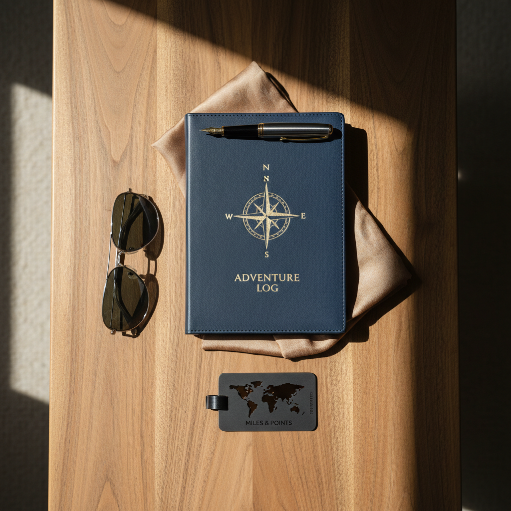 A refined Miles & Points travel essentials flatlay: An elegant navy blue leather-bound travel journal embossed with subtle gold details lies closed atop a muted sand-colored silk scarf. Surrounding the journal, a pair of designer sunglasses with brushed metal frames, a polished chrome fountain pen, and a black titanium luggage tag rest on the smooth surface of a natural wood coffee table with soft, intricate grain. Soft, diffused morning light from a nearby window casts gentle, harmonious shadows and subtle highlights, producing a calm and contemplative mood. The composition is clean, minimalist, shot from directly overhead, and designed to inspire wanderlust and refined travel planning within a luxury context.